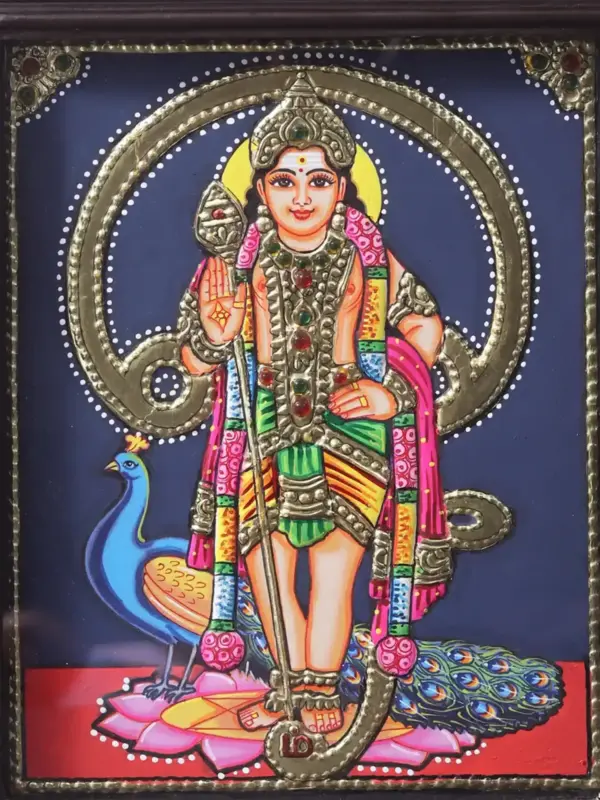 Standing Lord Murugan (kartikeya) Tanjore Painting with Frame, Ishwar Arts and Crafts