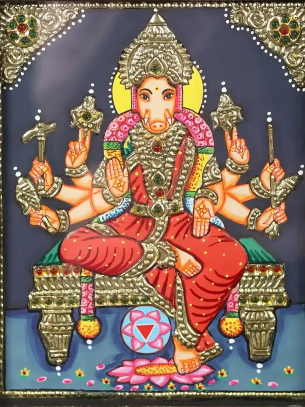 Eight Armed Goddess Varahi Tanjore Painting with Frame, Ishwar Arts and Crafts