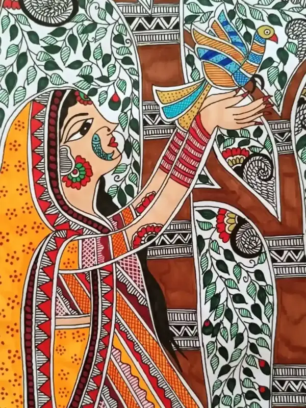 Lady With Bird Madhubani Painting | Alcohol Markers And Fineliners On Paper | Handmade