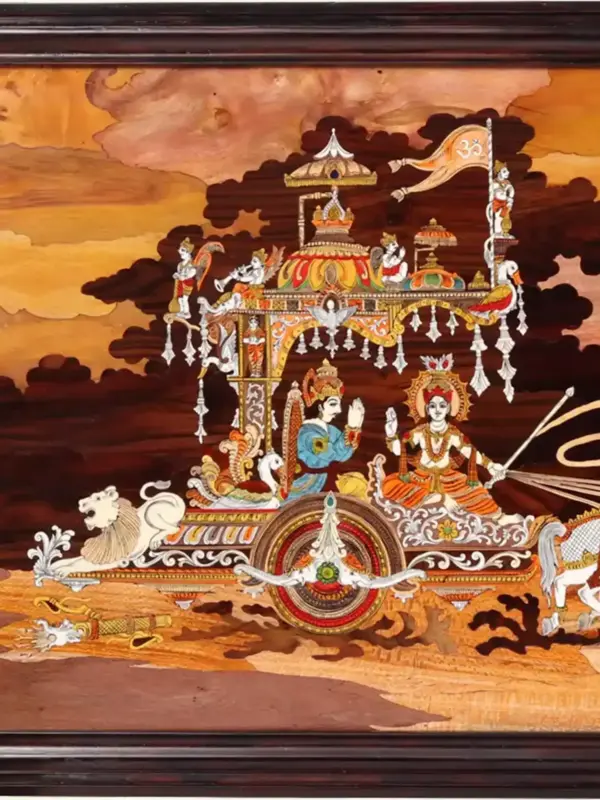 48" Mahabharata War View With Geeta Updesham | Natural Color On 3D Rosewood Painting With Inlay Work | Handmade, Ishwar Arts and Crafts