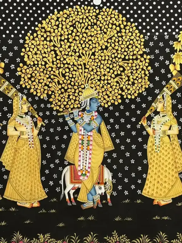 Bhagwan Krishna With Gopi's Pichhwai Painting | Natural Color On Cloth | Handmade, Ishwar Arts and Crafts