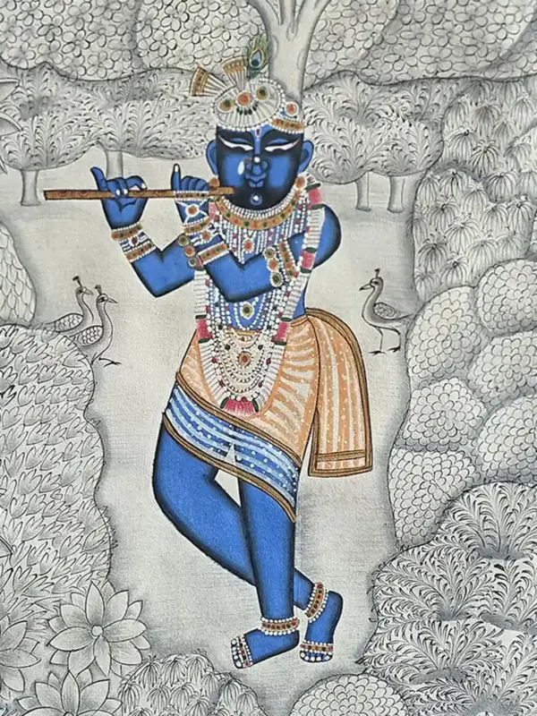 Lord Shrinathji With Flute | Pichhwai Art | Watercolor On Cotton, Ishwar Arts and Crafts