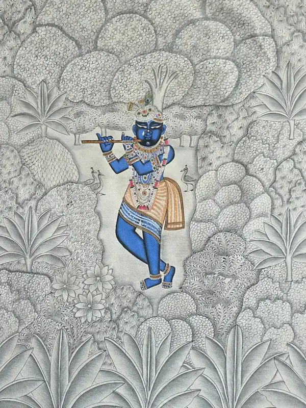 Lord Shrinathji With Flute | Pichhwai Art | Watercolor On Cotton, Ishwar Arts and Crafts