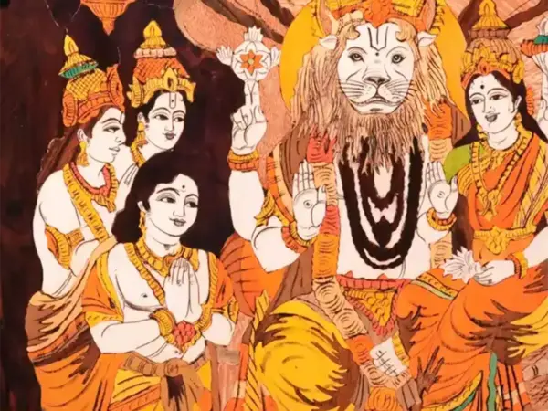 36" Bhagwan Narasimha With Devi Lakshmi | Natural Colors On Wood Panel With Inlay Work | Handmade in India, Ishwar Arts and Crafts