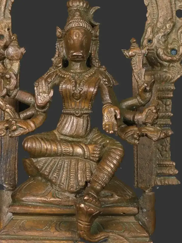 5" Blessing Goddess Varahi Seated on Kirtimukha Throne | South India Bronze Statue | Handmade, Ishwar Arts and Crafts