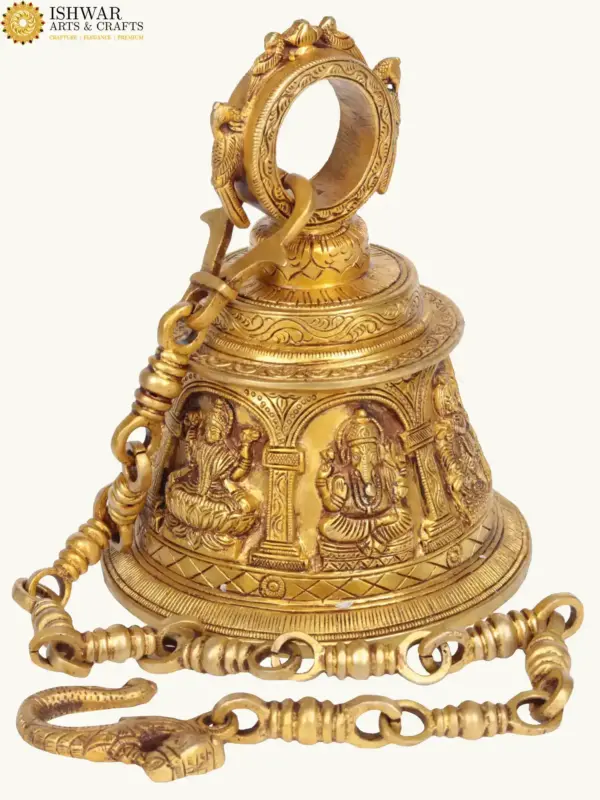 7" Brass Temple Bell with Images of Lord Shiva, Hanuman, Ganesha, Goddess Lakshmi, Durga and Radha Krishna, Made in India, Ishwar Arts and Crafts