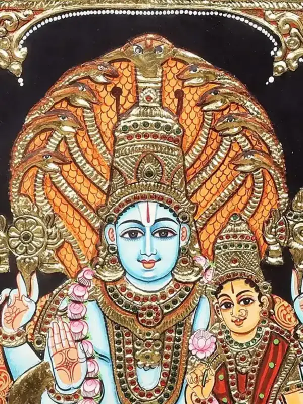 Vishnu Lakshmi Tanjore Painting with Sheshanaga, 24K Gold Detailing, Traditional South Indian Artwork in Teakwood Frame, Ishwar Arts and Crafts