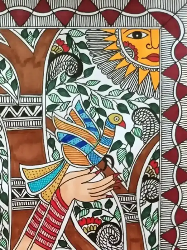 Lady With Bird Madhubani Painting | Alcohol Markers And Fineliners On Paper | Handmade