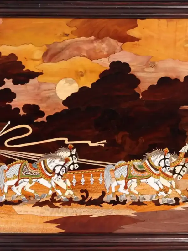 50" Lord Krishna give Gita Updesham in Mahabharat | Natural Color On Wood Panel With Inlay Work, Handmade in India, Ishwar Arts and Crafts