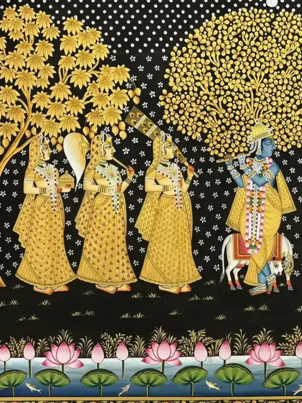 Bhagwan Krishna With Gopi's Pichhwai Painting | Natural Color On Cloth | Handmade, Ishwar Arts and Crafts