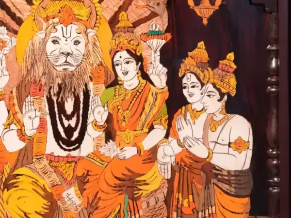 36" Bhagwan Narasimha With Devi Lakshmi | Natural Colors On Wood Panel With Inlay Work | Handmade in India, Ishwar Arts and Crafts