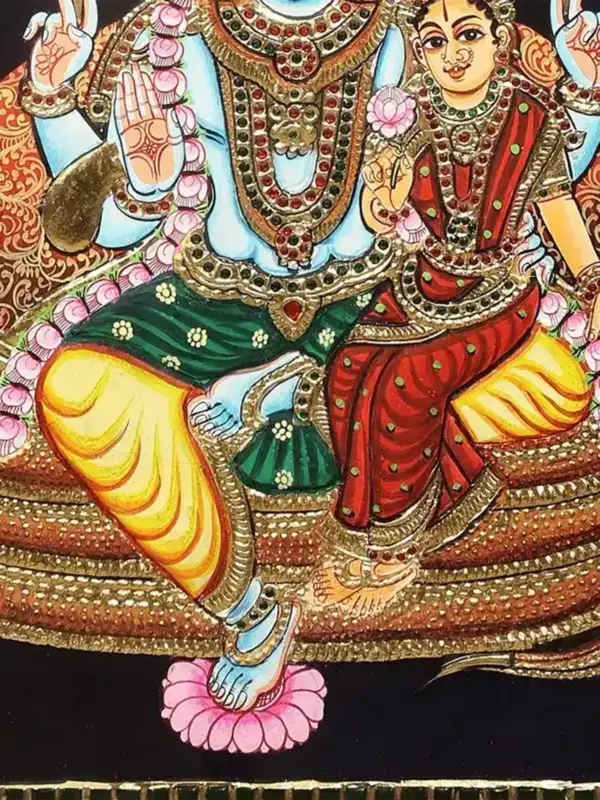 Vishnu Lakshmi Tanjore Painting with Sheshanaga, 24K Gold Detailing, Traditional South Indian Artwork in Teakwood Frame, Ishwar Arts and Crafts