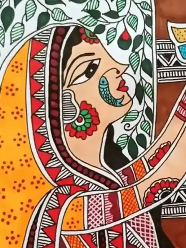 Lady With Bird Madhubani Painting | Alcohol Markers And Fineliners On Paper | Handmade