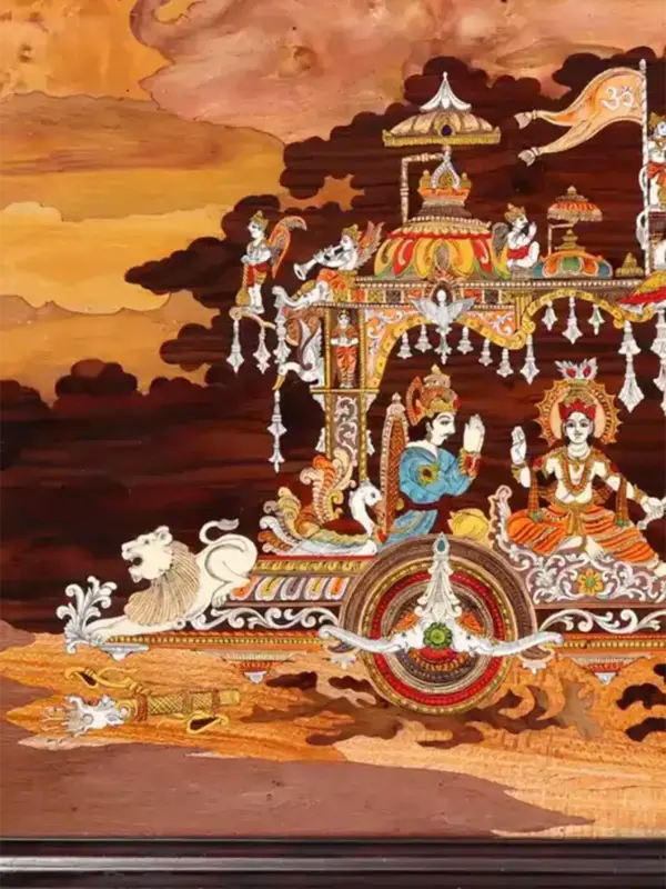 48" Mahabharata War View With Geeta Updesham | Natural Color On 3D Rosewood Painting With Inlay Work | Handmade, Ishwar Arts and Crafts