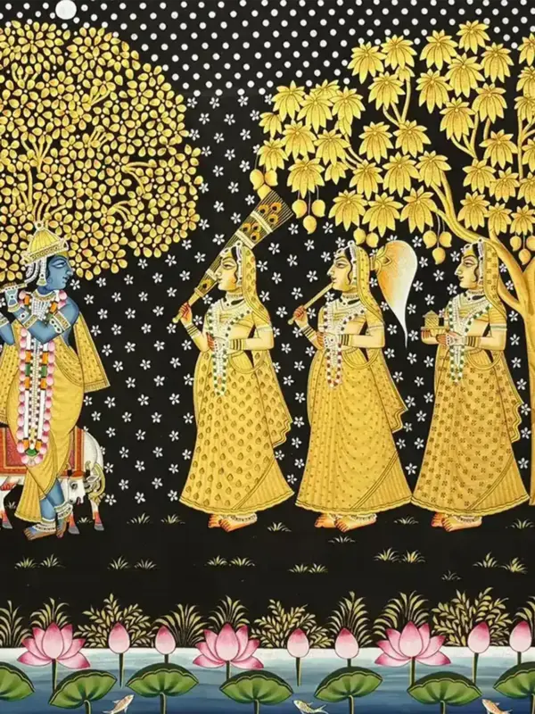 Bhagwan Krishna With Gopi's Pichhwai Painting | Natural Color On Cloth | Handmade, Ishwar Arts and Crafts