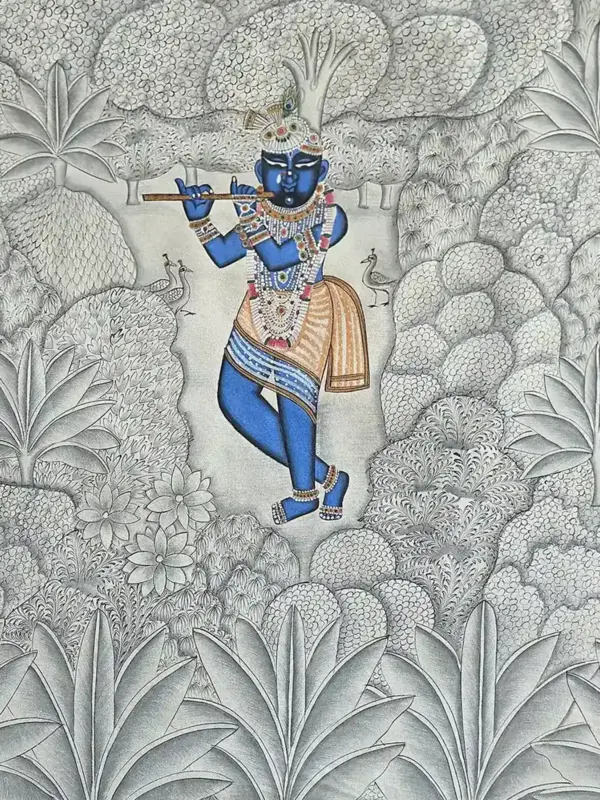 Lord Shrinathji With Flute | Pichhwai Art | Watercolor On Cotton, Ishwar Arts and Crafts
