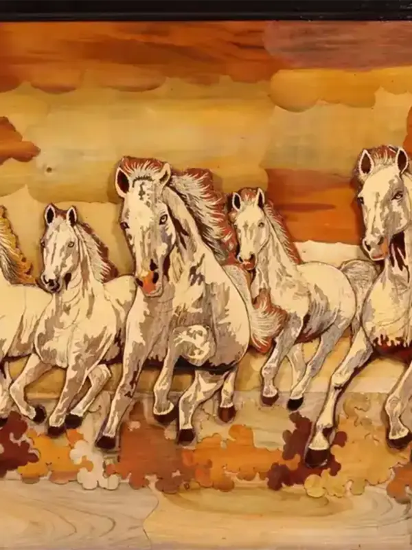 72" 3D Seven Vastu Horses | Natural Color On Wood Panel With Inlay Work, Handmade, Made in India, Ishwar Arts and Crafts