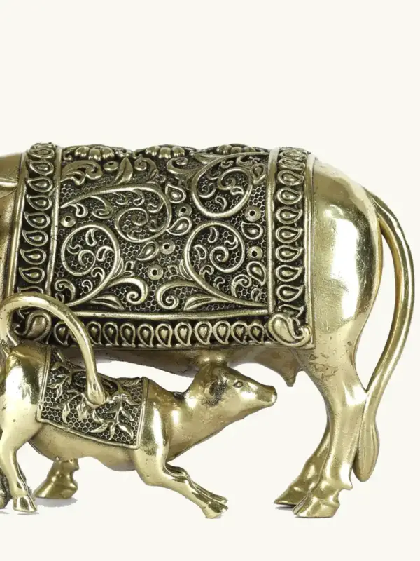 4" Small Kamdhenu Cow and Calf Superfine Quality Statue in Brass, Ishwar Arts and Crafts