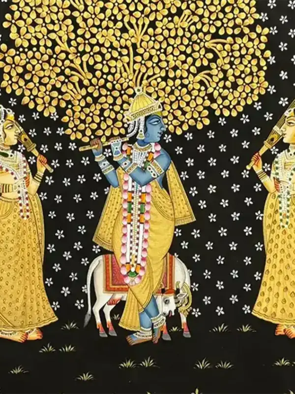 Bhagwan Krishna With Gopi's Pichhwai Painting | Natural Color On Cloth | Handmade, Ishwar Arts and Crafts