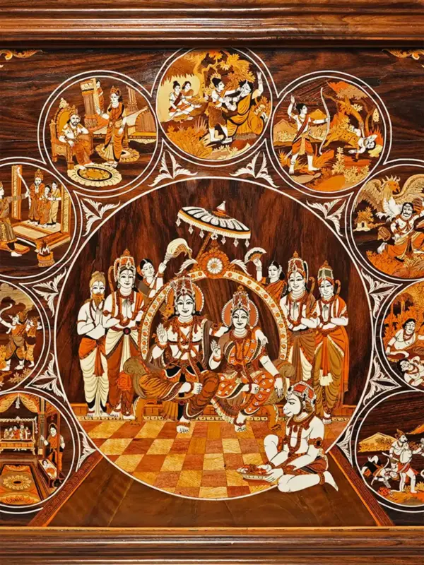 35" Life of Lord Rama - Ram Darbar | Rosewood Panel With Inlay Work | Handmade in India, Ishwar Arts and Crafts
