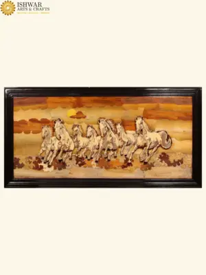 72" 3D Seven Vastu Horses | Natural Color On Wood Panel With Inlay Work, Handmade, Made in India, Ishwar Arts and Crafts