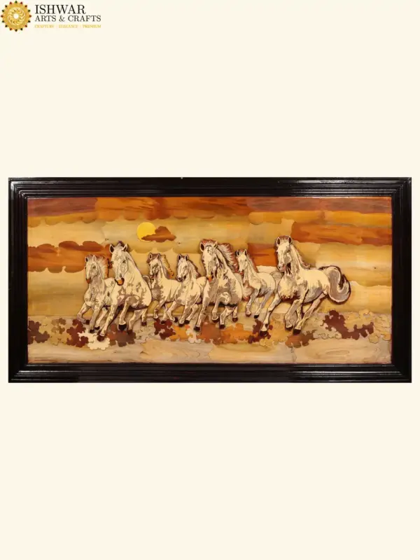 72" 3D Seven Vastu Horses | Natural Color On Wood Panel With Inlay Work, Handmade, Made in India, Ishwar Arts and Crafts