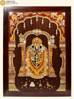 48" 3D Bhagwan Tirupati Balaji (Lord Venkateshwara) | Wood Panel with Inlay Work | Handmade, Ishwar Arts and Crafts