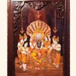 36" Bhagwan Narasimha With Devi Lakshmi | Natural Colors On Wood Panel With Inlay Work | Handmade in India, Ishwar Arts and Crafts
