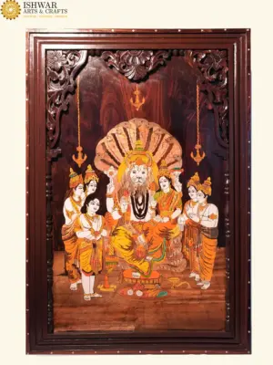 36" Bhagwan Narasimha With Devi Lakshmi | Natural Colors On Wood Panel With Inlay Work | Handmade in India, Ishwar Arts and Crafts