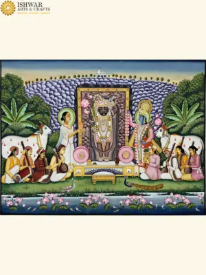 Lord Krishna As Shrinathji Pichwai Painting | Natural Color On Cloth, Ishwar Arts and Crafts