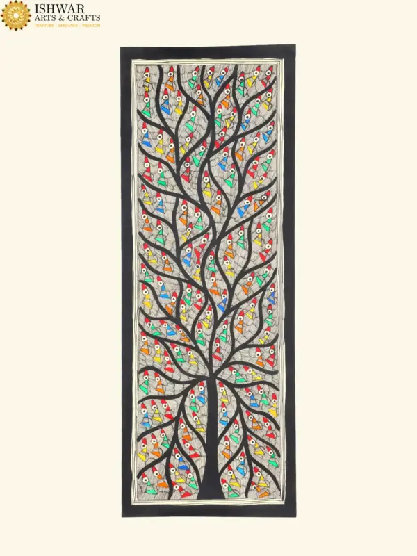 28" Tree of Life with Full of Colourful Birds | Madhubani Painting | Handmade, Ishwar Arts and Crafts