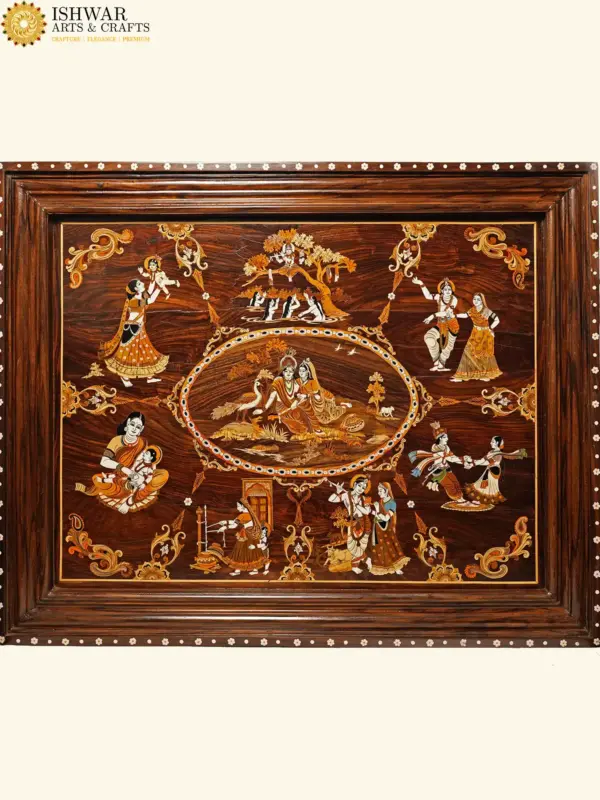 36" Life Leela's Of Lord Krishna | Rosewood Panel With Inlay Work | Handmade in India, Ishwar Arts and Crafts